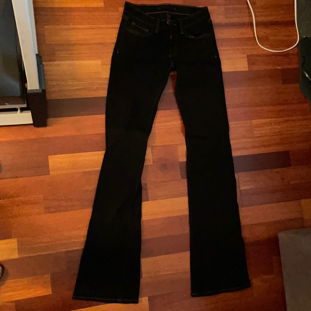 J BRAND BLACK BOOT CUT JEANS W/ YELLOW STITCHING